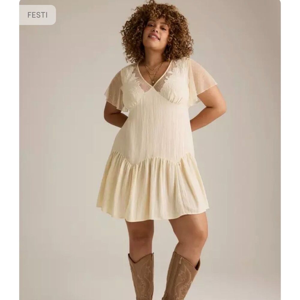 Torrid Festi Contrast Tunic Mini Dress Lace Mesh Ivory Fairy Boho Women 3X 22-24